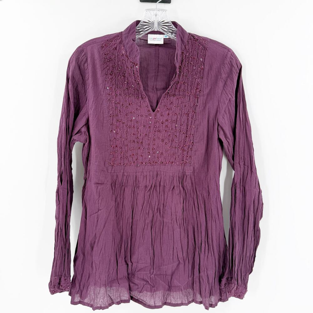 Greater Good Network M Purple Embroidered Boho Peasant Blouse Cotton Tunic Top